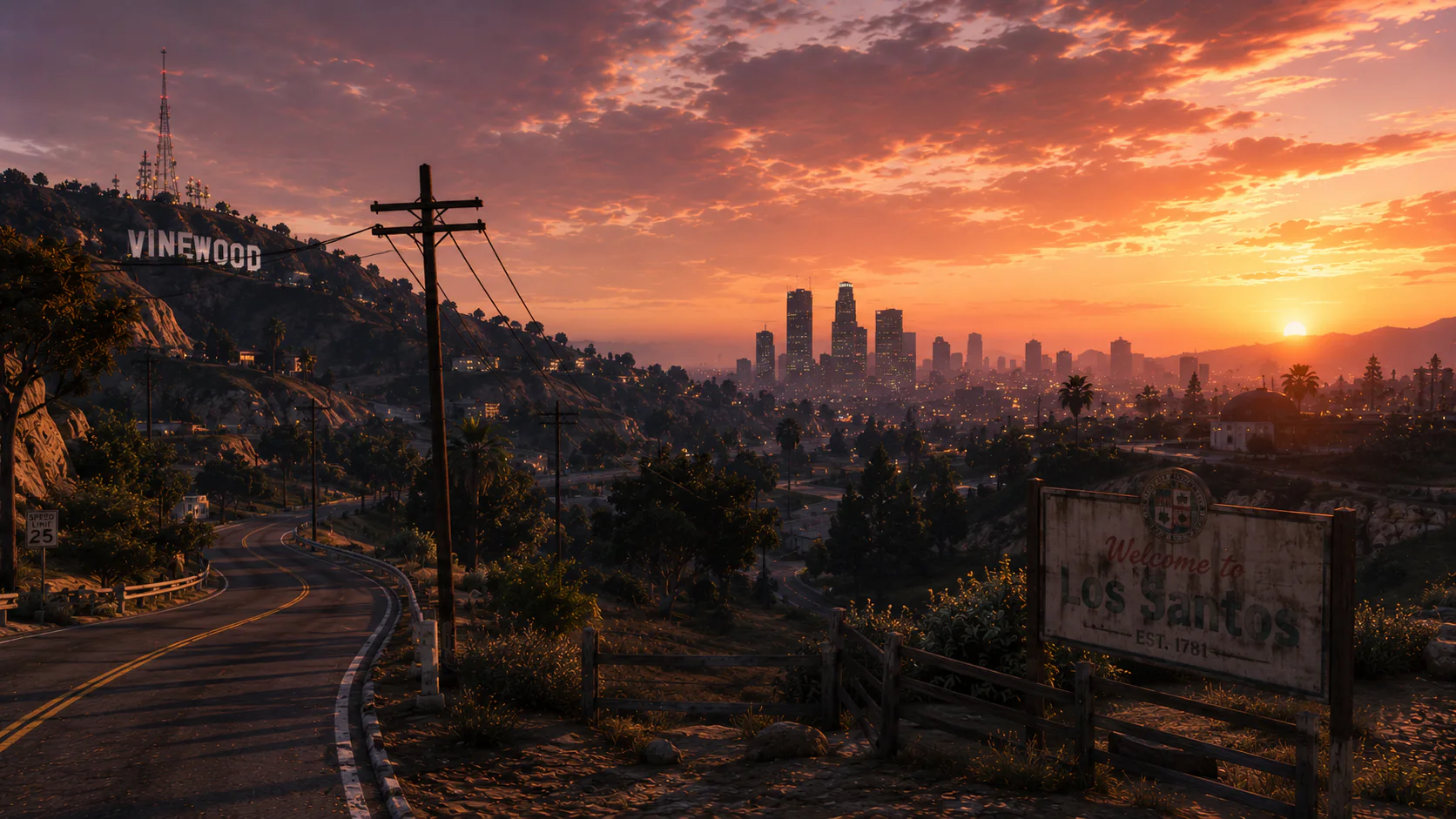 Aura City skyline from the hills at sunset